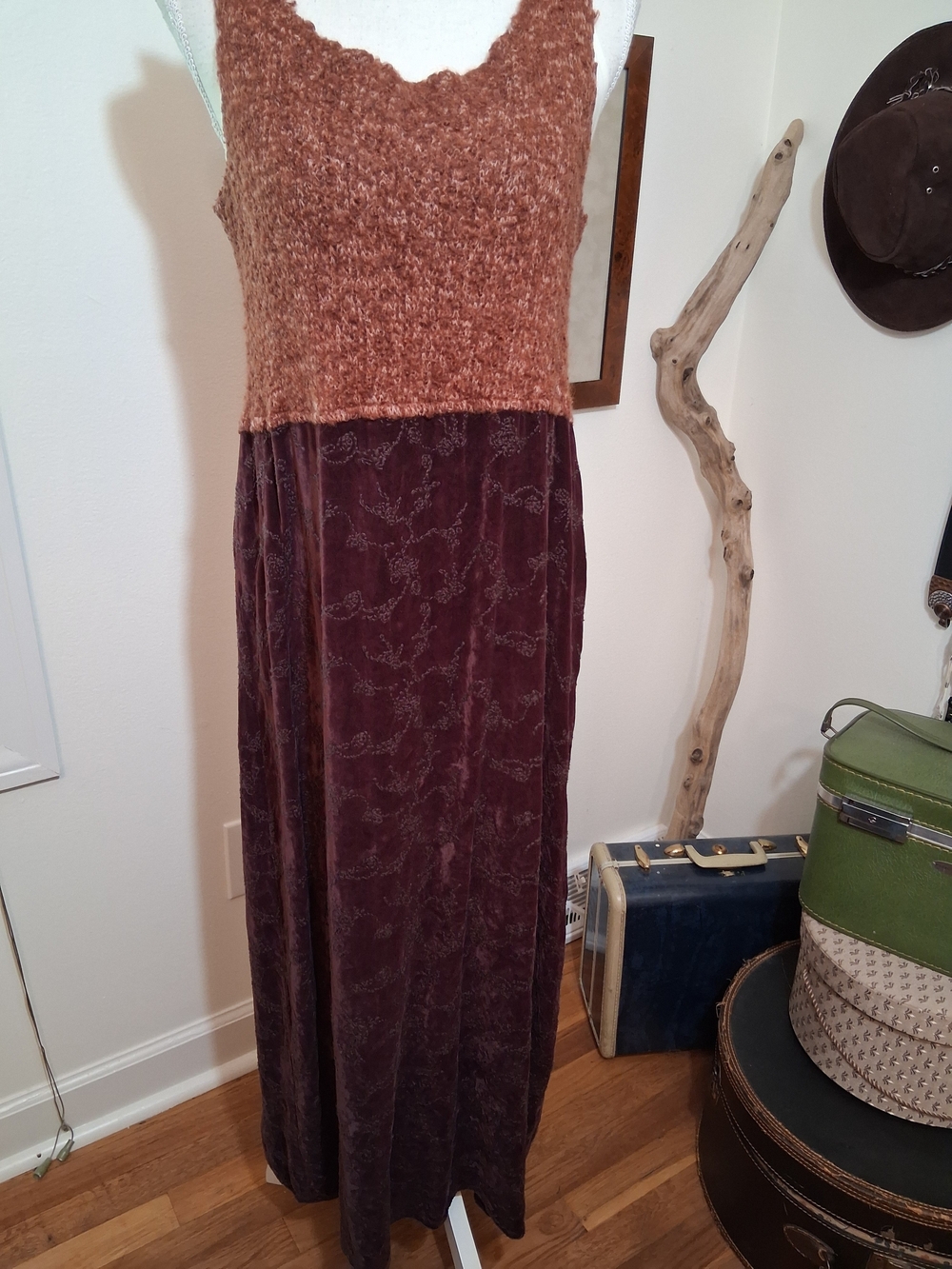 Bohemian Two-Tone Knit-Top Maxi Dress in Rust and Deep Plum Velvet